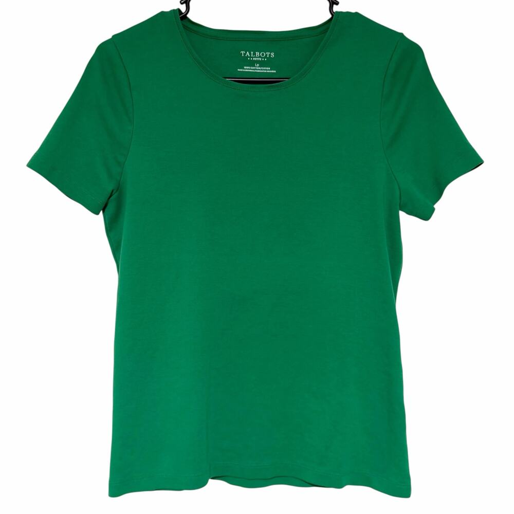 TALBOTS Green Cotton Basic Short Sleeve T Shirt Size Large Petite Casual Crew